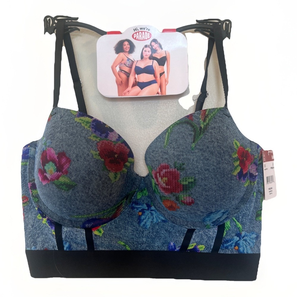 Parade Bra Women M Padded Push Up Floral Adjustable Straps‎ Sheer Inset Blue New